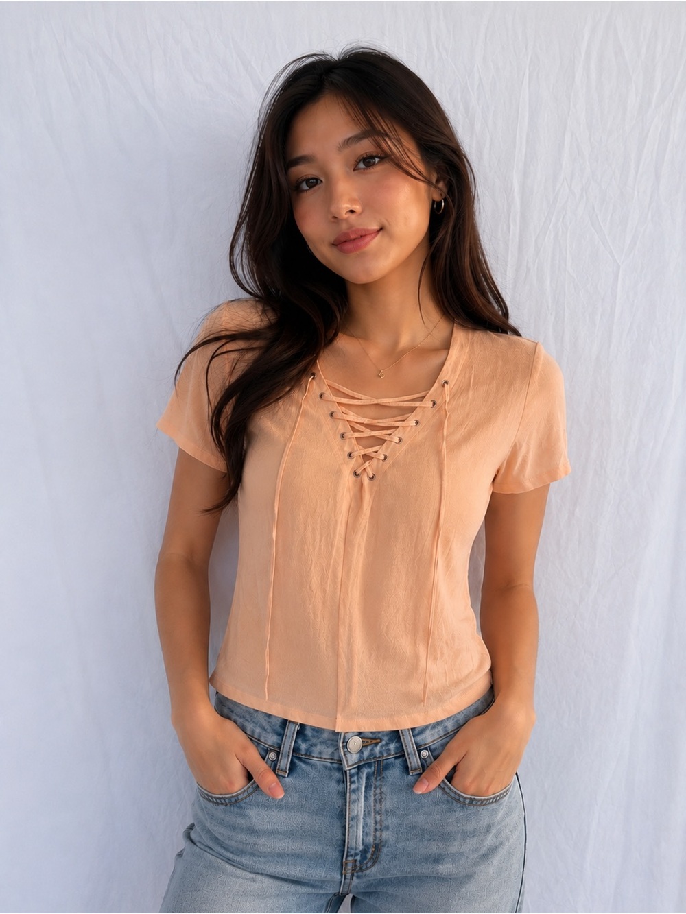 Lace-Up Peach Short Sleeve Crop Top